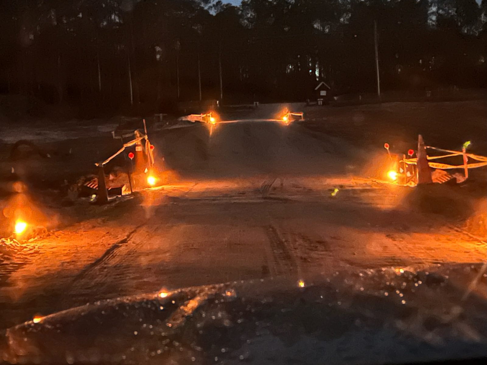 Candle-lit walkway leading to the glowing pavilion through the pines at night